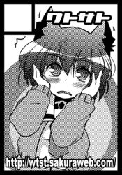  animal_ears black_border blush border cat_ears circle_cut commentary_request female greyscale highres monochrome pani_poni_dash! serizawa_akane short_hair solo sugiura 