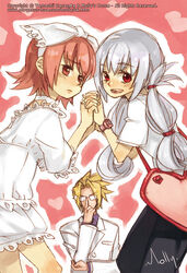  1boy 2girls :d adjusting_eyewear bad_id bad_pixiv_id bag blonde_hair blush bow breasts choker cosplay costume_switch embarrassed flipped_hair formal from_side glasses hair_rings hair_tie hairbow heart holding_hands holding_own_arm interlocked_fingers iron_maiden_jeanne iron_maiden_jeanne_(cosplay) lace leaning_forward long_hair looking_at_viewer looking_back marco_lasso molly multiple_girls opaque_glasses open_mouth outline pants parted_lips pink_background pink_hair raised_eyebrows red_eyes shaman_king shirt short_hair short_sleeves sidelocks silver_hair sketch small_breasts smile sparkle spiked_hair standing suit tamamura_tamao tamamura_tamao_(cosplay) very_long_hair watch watermark web_address wristwatch 