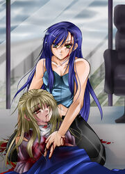  2girls blonde_hair blood blue_hair chair crop_top green_eyes kneeling lap_pillow long_hair lying midriff moguji multiple_girls my-otome natsuki_kruger navel on_back orange_eyes painttool_sai_(medium) shizuru_viola wince window yuri 