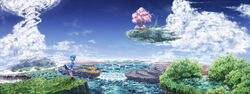  bloomers cherry_blossoms cirno cloud commentary_request day female flying_whale fog forest gensokyo highres landscape mountain nature outdoors saigyou_ayakashi same_2009 scenery sky solo touhou underwear water waterfall whale 