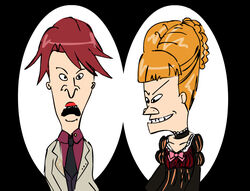  2boys beatrice_(umineko) beatrice_(umineko)_(cosplay) beavis beavis_and_butt-head blonde_hair bow braid butt-head choker cosplay crossdressing d: dress dress_shirt fusion imageboard_desourced jacket mike_judge_(style) multiple_boys non-web_source open_mouth parody photoshop_(medium) pink_bow red_hair shirt smile style_parody teeth umineko_no_naku_koro_ni ushiromiya_battler ushiromiya_battler_(cosplay) vest 