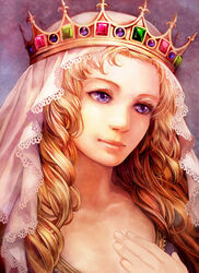  bad_id bad_pixiv_id blonde_hair crown curly_hair female gem gold_crown highres jeweled_crown light_smile long_hair medieval original photoshop_(medium) pointed_crown purple_eyes queen solo umedama_riko upper_body veil 