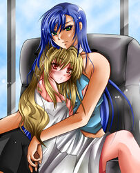  2girls blonde_hair blue_hair chair green_eyes hug long_hair moguji multiple_girls my-otome natsuki_kruger off_shoulder painttool_sai_(medium) red_eyes shizuru_viola sitting sitting_on_lap sitting_on_person smile very_long_hair window yuri 