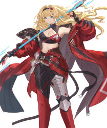  absurdres cleavage_cutout clothing_cutout crop_top female gloves granblue_fantasy hairband highres holding holding_polearm holding_weapon jacket mou_pl oversized_jacket polearm red_gloves red_jacket solo spear two-sided_fabric two-sided_jacket two-tone_gloves two-tone_hairband weapon zeta_(granblue_fantasy) zeta_(grand)_(granblue_fantasy) 