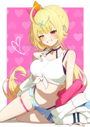  absurdres ahoge arm_support bare_shoulders blonde_hair blue_shorts blush border breasts commentary_request female hair_ornament heart heart_background heterochromia highleg highres hoshikawa_sara hoshikawa_sara_(1st_costume) jacket large_breasts long_hair looking_ahead lunch_boxer micro_shorts midriff navel nijisanji off_shoulder pink_background red_eyes shirt shorts side_ponytail sitting smile smug solo tank_top tied_shirt virtual_youtuber white_border white_jacket white_tank_top x_hair_ornament yellow_eyes yokozuwari 