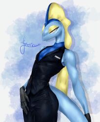  anthro blue_body clothing digital_media_(artwork) feelieowo generation_8_pokemon hi_res inteleon invalid_tag male multicolored_body narrowed_eyes nintendo pokemon pokemon_(species) reptile scalie simple_background slim smile solo tail 