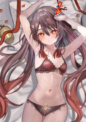  armpits arms_up bed black_nails black_panties bra breasts brown_hair female flower flower-shaped_pupils genshin_impact highres hu_tao_(genshin_impact) long_hair looking_at_viewer lying mitsu336 navel on_back panties pillow red_bra red_eyes red_flower small_breasts solo symbol-shaped_pupils twintails underwear underwear_only 