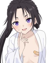  1boy bandaid bandaids_on_nipples black_hair houjou_tokiyuki_(nige_jouzu_no_wakagimi) japanese_clothes kimono long_hair long_sleeves looking_at_viewer male_focus male_with_breasts nige_jouzu_no_wakagimi open_clothes open_kimono otoko_no_ko pasties ponytail purple_eyes se_bone upper_body white_kimono 