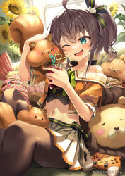  ;d ahoge bare_shoulders blue_eyes brown_hair brown_pantyhose controller crazy_straw crop_top cup drinking_straw ebi_frion_(natsuiro_matsuri) female flower game_controller hair_ribbon heart_straw highres holding holding_cup hololive indoors kito_koruta matsurisu midriff natsuiro_matsuri natsuiro_matsuri_(1st_costume) navel official_art one_eye_closed pantyhose pleated_skirt ribbon short_sleeves side_ponytail sitting skirt smile solo sunflower white_skirt 