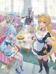  5girls ahoge alternate_costume apron arlecchino_(genshin_impact) black_dress black_thighhighs blue_dress blue_eyes blue_footwear blue_hair breasts cleavage collar commentary_request detached_collar dress drill_hair drop-shaped_pupils enmaided flower frilled_apron frilled_dress frills furina_(genshin_impact) genshin_impact gloves grey_hair hair_between_eyes hair_flower hair_ornament hair_ribbon high_heels highres light_blue_hair long_hair looking_at_viewer maid maid_apron maid_headdress mismatched_pupils multicolored_hair multiple_girls nahida_(genshin_impact) navia_(genshin_impact) omelet_tomato open_mouth ribbon short_sleeves sidelocks sigewinne_(genshin_impact) signature smile standing streaked_hair symbol-shaped_pupils thigh_strap thighhighs tiered_tray twin_drills white_apron white_gloves white_thighhighs wrist_cuffs x_hair_ornament zettai_ryouiki 