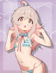  absurdres ahoge armpits bare_shoulders bikini blue_bikini blush breasts bright_pupils brown_eyes chestnut_mouth cowboy_shot dot_nose drop_shadow female furrowed_brow genderswap_(mtf) groin hair_between_eyes hair_over_shoulder halftone halftone_background hands_up highres honeycomb_(pattern) honeycomb_background long_hair looking_at_viewer melciort meme_attire messy_hair miku_collar_bikini nail_polish necktie onii-chan_wa_oshimai! open_mouth oyama_mahiro pink_hair pink_nails purple_background red_necktie rule_63 sidelocks skindentation small_breasts solo standing straight_hair string_bikini striped_bikini striped_clothes swimsuit tareme two-tone_bikini white_bikini 