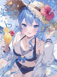  bikini black_bikini blue_eyes blue_hair blue_nails blush cloud collarbone commentary cowboy_shot cup drinking_straw female flower food fruit halterneck hashtag-only_commentary hat hat_flower highres holding holding_cup hololive hoshimachi_suisei jewelry juice long_hair looking_at_viewer nail_polish necklace ocean off_shoulder open_clothes open_shirt orange_(fruit) orange_juice orange_slice outdoors parted_lips red_flower sky solo splashing straw_hat swimsuit water_drop yuzuriha_(nx_e78) 