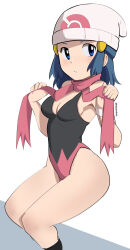  adapted_costume beanie black_hair black_leotard black_socks blue_eyes breasts commentary dawn_(pokemon) eyelashes female hair_ornament hairclip hands_up hat highres holding holding_clothes holding_scarf leotard looking_to_the_side pabsmikan parted_lips pink_scarf pokemon pokemon_dppt scarf sitting socks solo white_hat 