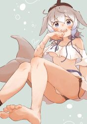  0nanaten absurdres arm_tattoo bare_arms bare_legs bare_shoulders barefoot bikini bikini_bottom_only bikini_skirt black_bikini_bottom blue_eyes blush breasts cetacean_tail collarbone commentary_request commission common_bottlenose_dolphin_(kemono_friends) dolphin_girl feet female fins fish_tail grey_background grey_hair hair_between_eyes hand_to_own_mouth head_fins highres kemono_friends legs looking_at_viewer medium_breasts off-shoulder_shirt off_shoulder open_mouth shirt short_hair side-tie_bikini_bottom signature simple_background sitting skeb_commission skirt soles solo swimsuit tail tattoo tearing_up teeth toes underboob upper_teeth_only white_hair white_shirt white_skirt 