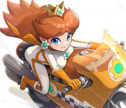  biker_clothes biker_daisy blue_eyes breasts brown_hair commentary_request crown earrings exhaust exhaust_pipe flower flower_earrings gloves gonzarez highres holding jewelry long_hair looking_at_viewer mach_bike_(mario) mario_(series) mario_kart mario_kart_wii motor_vehicle motorcycle princess_daisy smile tire wheel 