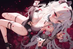  ankle_ribbon bella_(vtuber) beyumi black_nails blood blood_from_mouth blush bow breasts cleavage collar cross_hair_ornament detached_sleeves female flower frills hair_between_eyes hair_ornament hairband indie_virtual_youtuber large_breasts leg_ribbon legs leotard lying on_back petals red_eyes ribbon solo spiked_collar spikes thigh_strap thighs virtual_youtuber white_hair 