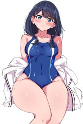  bare_shoulders black_hair blue_eyes blue_one-piece_swimsuit blush breasts competition_school_swimsuit covered_navel female freedom_xdrive gridman_universe highres long_hair looking_at_viewer medium_breasts one-piece_swimsuit school_swimsuit school_uniform shirt solo ssss.gridman swimsuit takarada_rikka thighs wet 