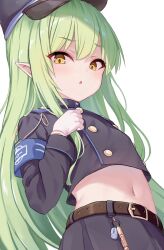  belt belt_buckle black_shirt blue_archive blush brown_belt buckle crop_top dot_nose female gloves green_hair hat hikari_(blue_archive) long_hair long_sleeves looking_at_viewer midriff milkshakework navel open_mouth pointy_ears shirt sidelocks simple_background solo stomach very_long_hair white_background white_gloves yellow_eyes 