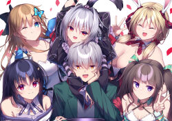  1boy 5girls :d :t ;t ^_^ animal_ears aqua_eyes armpit_crease arms_around_neck bare_shoulders black_bow black_dress black_hair black_ribbon blonde_hair blue_dress blunt_bangs blush bow breasts brother_and_sister brown_hair butterfly_hair_ornament cat_tail cleavage closed_eyes closed_mouth collarbone commentary_request criss-cross_halter detached_collar downblouse dress everyone expressionless eyes_visible_through_hair facing_viewer gothic_lolita green_jacket grey_hair hair_between_eyes hair_intakes hair_ornament hair_ribbon hair_scrunchie hairbow halterneck hand_up happy hapymaher hasuno_saki heads_together hirasaka_keiko hug hug_from_behind jacket juliet_sleeves large_breasts lolita_fashion long_hair long_ribbon long_sleeves looking_at_viewer low_twintails mate_(oktavia1121) medium_breasts medium_hair multiple_girls naitou_maia naitou_tooru neck_ribbon oerba_yun_fang one_eye_closed open_clothes open_jacket open_mouth orange_eyes petals ponytail puffy_sleeves purple_eyes rabbit_ears rabbit_girl red_eyes red_ribbon red_scrunchie ribbon rose_petals school_uniform scrunchie short_hair siblings sidelocks simple_background slit_pupils smile split_mouth straight_hair tail toriumi_arisu tsurime twintails two_side_up upper_body v v-shaped_eyebrows w white_background yayoi_b_lutwidge 