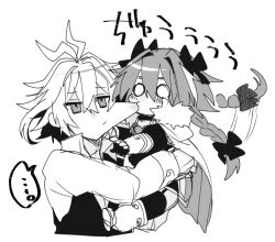  ... 2boys :/ antenna_hair astolfo_(fate) biting black_bow black_garter_straps black_thighhighs black_vest blank_eyes bow cape carrying carrying_person cheek_biting cheek_pull cheek_sucking cropped_torso deformed dress_shirt fate/apocrypha fate_(series) fur-trimmed_cape fur_trim garter_straps gauntlets greyscale hair_between_eyes hair_intakes hair_wagging hairbow haoro holding_chibi kissing long_braid long_hair male_focus monochrome multicolored_hair multiple_boys shirt sieg_(fate) signature simple_background spoken_ellipsis streaked_hair thighhighs vest white_background white_cape white_footwear white_hair white_shirt 