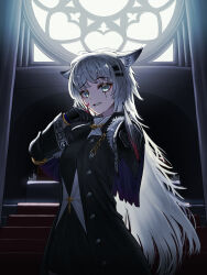  absurdres animal_ears arknights black_coat black_gloves blood blood_on_face blood_on_gloves blood_on_hands coat cowboy_shot cross female gloves green_eyes grey_hair hair_ornament hairclip highres holding holding_sword holding_weapon indoors kojy_2524 lappland_(arknights) lappland_(refined_horrormare)_(arknights) latin_cross long_hair long_sleeves looking_at_viewer official_alternate_costume open_clothes open_coat pointing_melee_weapon pointing_sword scar scar_across_eye solo stairs standing sword unbuttoned weapon wolf_ears wolf_girl 