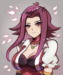  absurdres breasts brown_eyes cherry_blossoms cleavage closed_mouth collarbone female grey_background highres izayoi_aki large_breasts medium_hair petals red_hair solo touyarokii twitter_username upper_body yu-gi-oh! yu-gi-oh!_5d&#039;s 