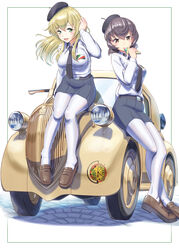  2girls absurdres anzio_(emblem) anzio_school_uniform bad_id bad_pixiv_id black_hair blonde_hair blush breasts brown_eyes car carpaccio_(girls_und_panzer) emblem fiat fiat_500 fiat_500_topolino food girls_und_panzer green_eyes hat highres ice_cream large_breasts motor_vehicle multiple_girls on_vehicle pantyhose pepperoni_(girls_und_panzer) photoshop_(medium) school_uniform sett skirt smile tongue vehicle_focus white_legwear yamikota 