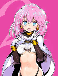  :d blue_eyes breasts cape crop_top earrings female gloves jewelry looking_at_viewer medium_breasts midriff navel onono_imoko open_mouth pink_hair rance_(series) sill_plain smile solo standing underboob v white_cape white_gloves 