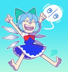  2017 5_fingers 5_toes absurd_res accessory andromorph andromorph/female barefoot biped birdkings blue_background blue_clothing blue_hair blue_theme bow_ribbon cirno closed_eyes clothed clothing digital_drawing_(artwork) digital_media_(artwork) dress eyebrows eyelashes fairy feet female fingers fist floating front_view full-length_portrait hair hair_accessory hair_ribbon hairbow hi_res humanoid humanoid_feet humanoid_hands ice ice_wings intersex intersex/female jumping light_body light_skin not_furry open_mouth open_smile outline pink_tongue plantigrade portrait raised_eyebrow ribbons short_hair simple_background smile solo speech_bubble tan_body tan_skin toes tongue tooth_gap touhou wings 