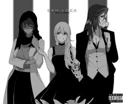  3girls album_cover alternate_costume alternate_hairstyle bag bra breasts cameron_maccloud cleavage commentary cover dishwasher1910 dreadlocks dress english_commentary flower formal gen_lock greyscale handbag hijab jacket medium_breasts monochrome multiple_girls parental_advisory parody rose suit underwear valentina_romanyszyn yasamin_madrani 