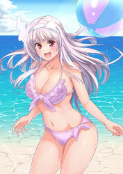  :d albino ball bare_shoulders beach beachball bikini breasts cloud collarbone commentary_request cowboy_shot day female grey_hair large_breasts long_hair looking_at_viewer md5_mismatch namakemono_(u446644k) navel open_mouth outdoors red_eyes resolution_mismatch smile solo source_larger swimsuit thighs triangular_headpiece yunohana_yuuna yuragisou_no_yuuna-san 