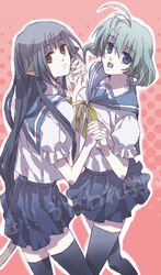  2girls alternate_costume antenna_hair bad_id bad_pixiv_id black_hair blue_eyes brown_eyes camyu contemporary holding_hands interlocked_fingers kanan_yt long_hair multiple_girls school_uniform serafuku silver_hair simple_background skirt thighhighs utawarerumono yuzuha_(utawarerumono) 