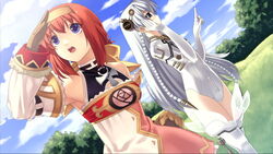  2girls ankh ar_tonelico ar_tonelico_i arm_strap armpits bare_shoulders blue_eyes braid breasts brown_gloves cloud cross_edge crossover day detached_sleeves dress dutch_angle from_side fur_trim game_cg gloves grass hair_between_eyes hairband halterneck hand_on_own_cheek hand_on_own_face hand_on_own_hip hand_up headgear hirano_katsuyuki jewelry lace leotard long_hair looking_afar looking_to_the_side looking_up meu_(spectral_souls) multiple_girls necklace orange_hair outdoors pointing profile see-through shading_eyes short_hair shurelia_(ar_tonelico) sky sleeve_cuffs small_breasts spectral_(series) spectral_souls standing thighhighs tree very_long_hair white_hair white_thighhighs 