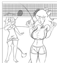  2018 anthro badminton badminton_racket barefoot beth_(sailoranna) big_breasts bottomwear bovid bovine breasts cattle clothing cosplay crown domestic_cat dress duo feet felid feline felis female gloves hair handwear headgear hi_res holding_object long_hair mammal mario_bros monochrome navel nintendo open_mouth princess_daisy princess_peach sailoranna shorts shuttlecock sport surprise tali 