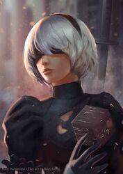  2b_(nier:automata) andy_liong artist_name black_dress black_hairband blindfold blurry commentary_request copyright_name cube depth_of_field dress feather-trimmed_sleeves female gloves hairband highres jpeg_artifacts lips mole mole_under_mouth nier:automata nier_(series) photoshop_(medium) solo sword weapon white_hair 