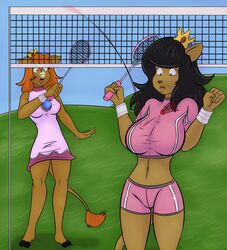  2018 anthro badminton_racket beth_(sailoranna) big_breasts black_hair blue_eyes bottomwear bovid bovine breasts brown_body brown_fur cattle clothing cosplay crown domestic_cat dress duo felid feline felis female fur green_eyes hair headgear hi_res holding_object mammal mario_bros midriff navel nintendo open_mouth outside princess_daisy princess_peach red_hair sailoranna shorts shuttlecock sketchredtiger surprise tail tail_tuft tali tuft 