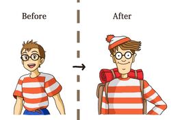  2boys aged_up backpack bag before_and_after black-framed_eyewear brown_hair commentary_request comparison crossover english_text glasses hat krrn majo_no_takkyuubin male_focus multiple_boys open_mouth parody photoshop_(medium) revision shirt smile striped_clothes striped_shirt teeth tombo_(majo_no_takkyuubin) wally_(where&#039;s_wally) where&#039;s_wally 