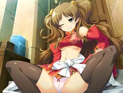  alice_soft black_legwear blush breasts brown_hair cameltoe china_dress chinese_clothes clenched_teeth drapeko! drapeko!_onedari_dragon_to_oppai_yuusha female game_cg green_eyes highres legs long_hair panties sauce_(drapeko!) sitting teeth thighs twintails underwear wavy_hair wince yaegashi_nan 