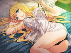  :o alice_soft alma_(drapeko!) ass babydoll bangs bed black_bra black_panties blonde_hair blue_eyes blush bow bra breasts drapeko! drapeko!_onedari_dragon_to_oppai_yuusha female frills game_cg green_eyes highres large_breasts legs long_hair looking_at_viewer lying panties pillow see-through solo thighs underwear yaegashi_nan 