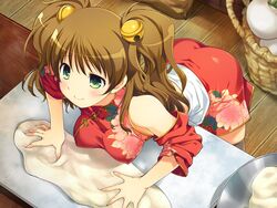  alice_soft bare_shoulders bent_over blush breasts brown_hair china_dress chinese_clothes cooking covered_nipples drapeko! drapeko!_onedari_dragon_to_oppai_yuusha erect_nipples female game_cg green_eyes hair_ornament happy highres kitchen long_hair sauce_(drapeko!) smile twintails yaegashi_nan 