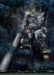  absurdres aiming cannon ground_gundam gun gundam gundam_08th_ms_team highres holding holding_gun holding_weapon mecha mobile_suit no_humans official_art rain robot shield v-fin water_drop weapon weather yamagishi_masakazu 