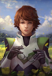  absurdres andy_liong blue_sky blurry brown_eyes brown_hair cloud commentary_request day depth_of_field female glasses highres holding holding_removed_eyewear leaf photoshop_(medium) pidge_gunderson short_hair sky solo tree uniform unworn_eyewear upper_body voltron:_legendary_defender voltron_(series) 