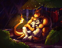  2014 anthro anthrofied biceps black_hair canid canine canis charizard charkonian_graotl_ard closed_eyes clothing collar domestic_dog dragon duo fire flaming_tail fur generation_1_pokemon guffaw hair hi_res horn hug husky langdon_marston male mammal muscular mythological_creature mythological_scalie mythology nintendo nordic_sled_dog nude orange_body orange_skin outside paws plant pokemon pokemon_(species) pokemorph raining scalie sleeping spitz tail tree white_body white_fur 