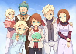  2boys 4girls asemu_asuno blonde_hair brown_hair commentary_request emily_armond family flit_asuno green_hair gundam gundam_age haro jun_(goodgun7) kio_asuno marina_asuno multiple_boys multiple_girls photoshop_(medium) romary_stone unoa_asuno 