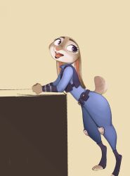  2024 anthro brown_body brown_fur brown_tail clothed clothing discreet_user disney feet female fully_clothed fur hi_res judy_hopps lagomorph leporid long_ears looking_back mammal open_mouth purple_eyes rabbit side_view simple_background solo standing tail teeth toes tongue zootopia 