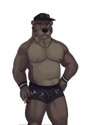  2023 anthro biped black_boxer_briefs black_clothing black_headwear black_underwear blue_eyes boxer_briefs brown_body brown_fur burrserk cigarette clothing countershade_face countershade_torso countershading ear_piercing ear_ring echo_(game) echo_(series) echo_project facial_piercing fur grey_nipples grey_nose headgear headwear hi_res jewelry jolly_roger lip_piercing looking_at_viewer male mammal multicolored_body multicolored_fur mustelid necklace nipples otter piercing portrait ring_piercing simple_background slightly_chubby slightly_chubby_anthro slightly_chubby_male sydney_bronson three-quarter_portrait two_tone_body two_tone_fur underwear whiskers white_background wristband x_marks_the_spot 