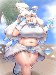  animal_ear_fluff animal_ears big_hair blush breasts cocktail curvy female fluffy_hair fur_collar gloves highres huge_breasts kemono_friends kemono_friends_3 lion_ears lion_girl lion_tail long_hair looking_at_viewer mo23 navel oerba_yun_fang official_alternate_costume one_eye_closed plump shorts shorts_under_skirt smile solo sweat tail white_hair white_lion_(kemono_friends) 