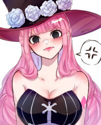  :&lt; anger_vein bare_arms bare_shoulders black_dress black_eyes black_hat blush breasts close-up dress female flower hat hat_flower highres kaihyoo large_breasts long_hair looking_at_viewer one_piece perona pink_hair shoulder_tattoo simple_background solo speech_bubble spoken_anger_vein strapless strapless_dress tattoo top_hat very_long_hair white_background white_flower 