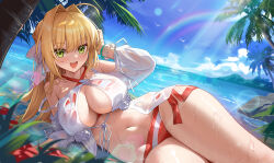  absurdres ahoge bare_shoulders beach bead_bracelet beads bikini blonde_hair blue_sky blush bracelet braid breasts cleavage commentary criss-cross_halter dress earrings fate/grand_order fate_(series) female gown green_eyes hair_bun hair_intakes hair_ribbon halterneck highres jewelry large_breasts long_hair long_sleeves looking_at_viewer navel nero_claudius_(fate) nero_claudius_(swimsuit_caster)_(fate) nero_claudius_(swimsuit_caster)_(third_ascension)_(fate) ocean open_mouth puffy_long_sleeves puffy_sleeves red_bikini revision ribbon shenqi_xiao_hong_zai_nali sky smile solo striped_bikini striped_clothes swimsuit thighs white_ribbon 