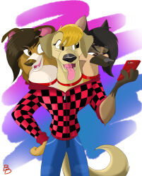  3_heads absurd_res anthro biped bird_dog black_hair black_nose blonde_hair bluedragon0812 bored bottomwear brown_body brown_fur brown_hair brown_nose canid canid_demon canine canis cellphone cerberus clothed clothing collar collie colorful_background demon denim denim_bottomwear denim_clothing domestic_dog electronics european_mythology eye_contact eyebrow_through_hair eyebrows eyelashes female fictional_species flannel flannel_jacket flannel_shirt fluffy fully_clothed fully_clothed_anthro fully_clothed_female fur german_shepherd golden_retriever greek_mythology grey_nose group hair hand_on_hip happy hellhound herding_dog hi_res holding_object hunting_dog jeans looking_at_another mammal multi_head multicolored_body multicolored_fur mythological_canine mythological_creature mythology pants pastoral_dog pattern_clothing pattern_shirt pattern_topwear phone pink_tongue plaid plaid_clothing plaid_shirt plaid_topwear portrait raised_eyebrow retriever rough_collie sharp_teeth sheepdog shirt smartphone smile smiling_at_each_other standing tail tail_fluff teeth three-quarter_portrait tongue tongue_out topwear translucent translucent_hair trio white_body white_fur yellow_body yellow_fur 